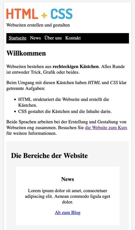 Die mobile Version der Übungswebsite am Ende von Teil 1: HTML (mit einer Prise CSS)