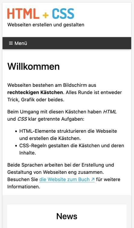 Die mobile Version der Übungswebsite am Ende von Teil 3: CSS-Layout